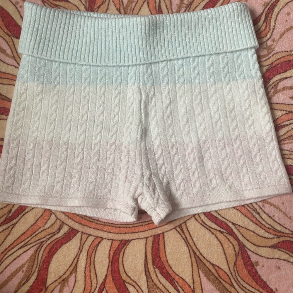 Cable Knit High-Waist Women’s Shorts in Light Blue, Pink, White Stipe